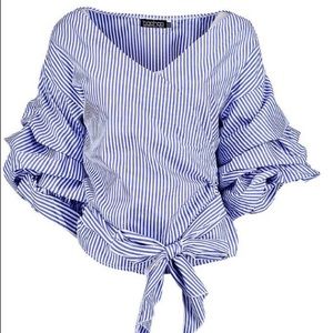 Blue and White Striped Belted Summer Top
